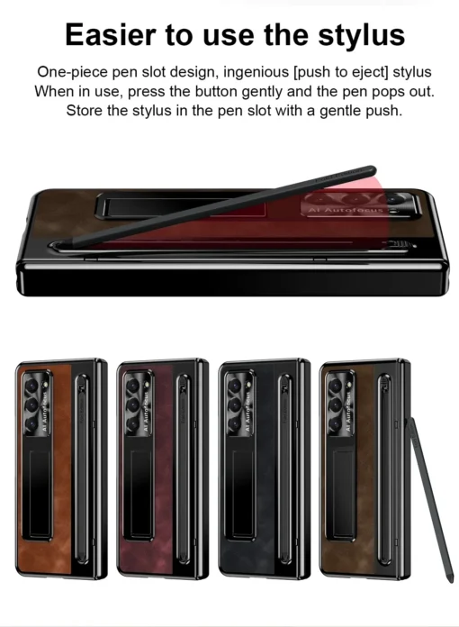 Samsung Galaxy Z Fold Series  Retro Leather Case with S Pen Holder, Slim Stylus, Hinge Protection Kickstand and Screen Protector - Image 16