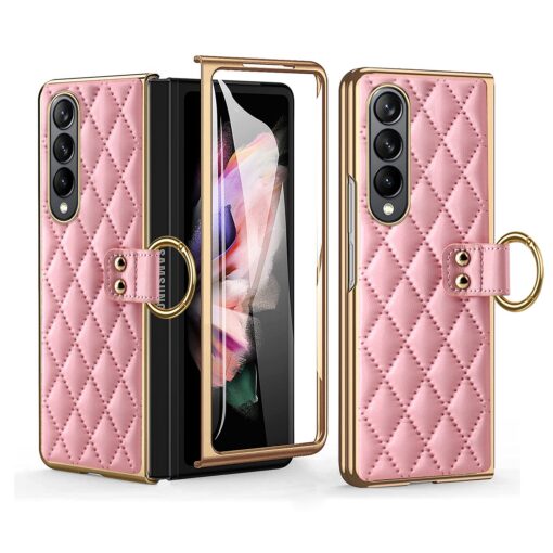 Samsung Galaxy Z Fold 3 4 5 6 Series, Luxury Plating Edge Case with Hanging Ring Anti-Scratch Screen Protection Leather Cover - Image 30