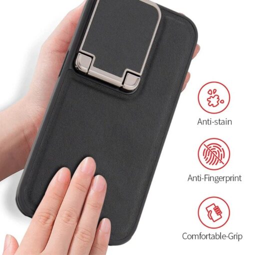 iPhone 16/15 Pro Max Series Genuine Leather Back Lens Protection Cover, Anti -Scratch and Protect Privacy Flip Aluminum Alloy Stand Slim Cover - Image 11