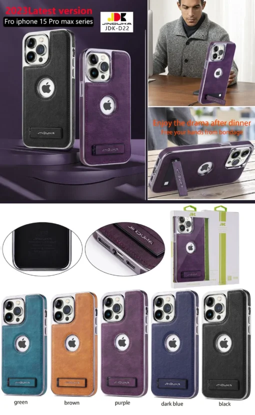 JDK Logo Cutout Luxury Plating Bumper Leather Folding Kickstand Phone Case For iPhone 16 15 14 Pro Max Series - Image 19