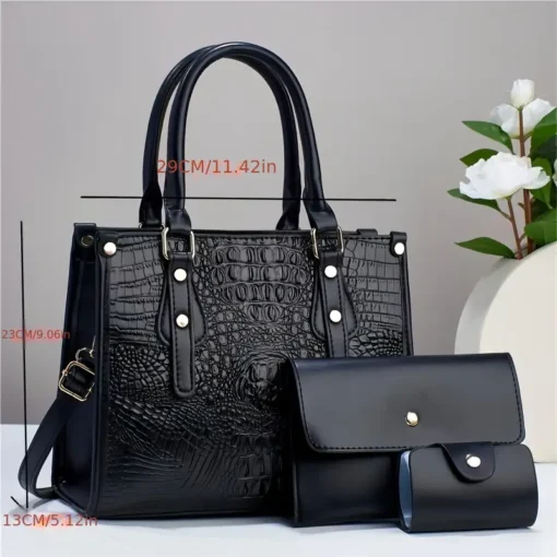 Trendy 3 in 1 Crocodile Pattern Tote Bag Set, Large Capacity Shoulder Bag & Coin Purse & Card Holder - Image 4