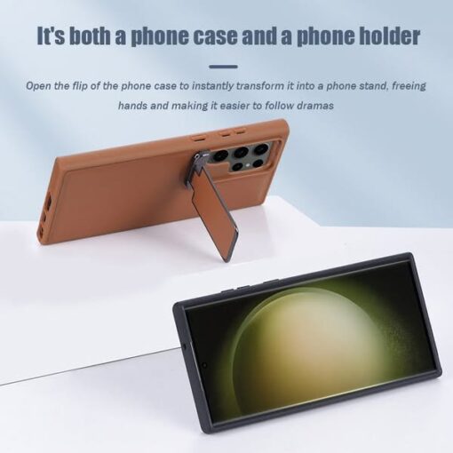 Samsung Galaxy S23/S24 Ultra, Genuine Leather Back Lens Protection Cover, Anti -Scratch and Protect Privacy Flip Aluminum Alloy Stand Slim Cover - Image 5