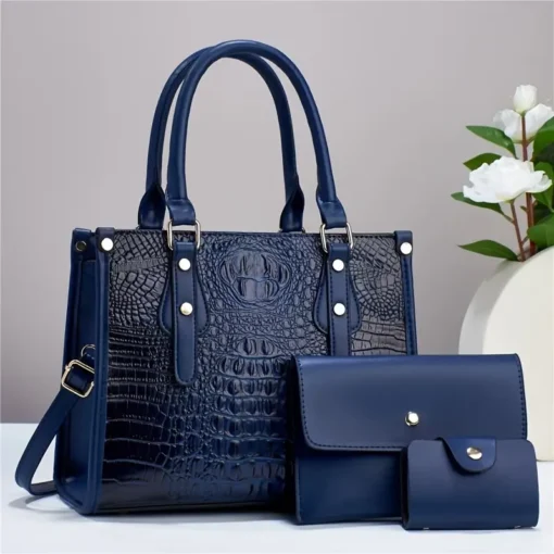 Trendy 3 in 1 Crocodile Pattern Tote Bag Set, Large Capacity Shoulder Bag & Coin Purse & Card Holder - Image 6