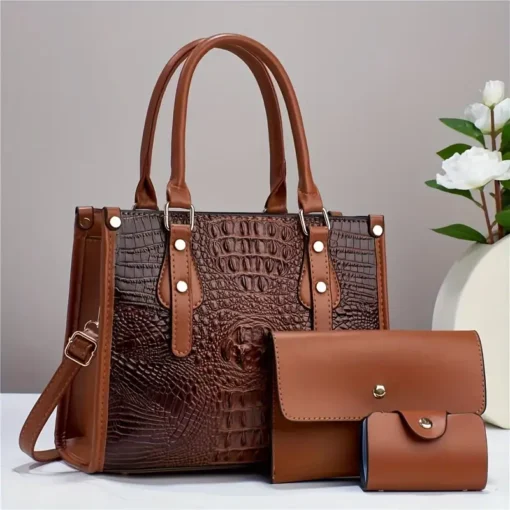 Trendy 3 in 1 Crocodile Pattern Tote Bag Set, Large Capacity Shoulder Bag & Coin Purse & Card Holder - Image 8