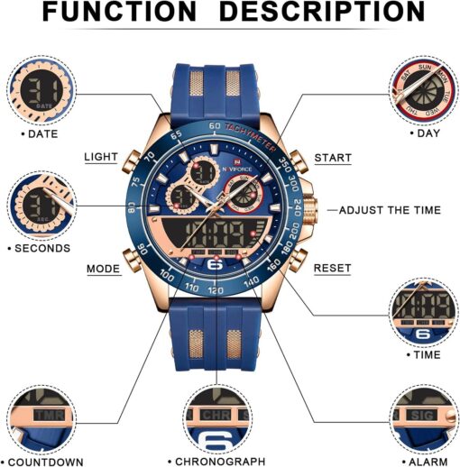 NAVIFORCE Mens Analog Digital Sport Watches Waterproof Multifunction Chronograph Silicone Strap Watch - Image 4
