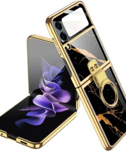 Samsung Galaxy Flip 3/4 Marble Patterned Ring Electroplating Color Painting Case with Tempered Glass Protection