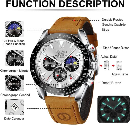 Mens Watches Chronograph Stainless Steel Waterproof Date Analog Quartz Business Fashion Wrist Watches for Men - Image 9