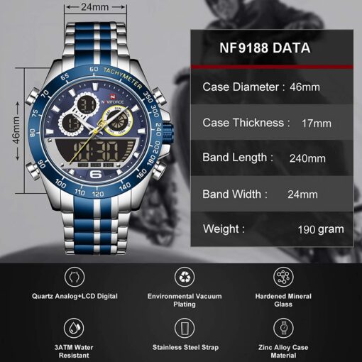 NAVIFORCE Mens Analog Digital Sport Watches Waterproof Multifunction Chronograph Silicone Strap Watch - Image 6
