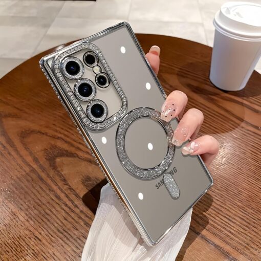 Samsung Galaxy S23/S24/S25 Ultra Magnetic Case with Glitter Diamond Camera Protector, Luxury Plating Bling Rhinestones Soft Bumper Clear Transparent Phone Case