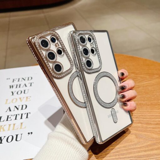Samsung Galaxy S23/S24/S25 Ultra Magnetic Case with Glitter Diamond Camera Protector, Luxury Plating Bling Rhinestones Soft Bumper Clear Transparent Phone Case - Image 22