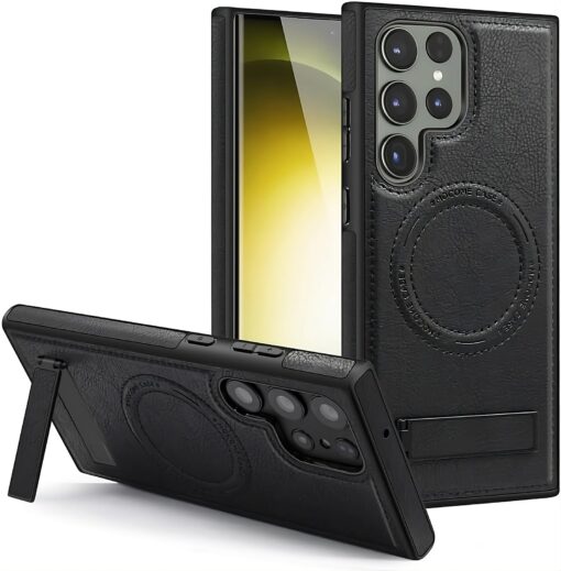 Samsung Galaxy S22/S23/S24 Ultra Luxury Premium PU Leather Invisible Stand Magnetic Wireless Charging Case - Image 3