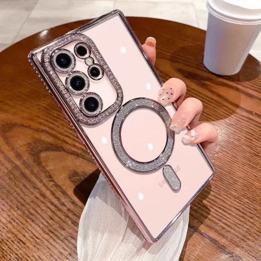 Samsung Galaxy S23/S24/S25 Ultra Magnetic Case with Glitter Diamond Camera Protector, Luxury Plating Bling Rhinestones Soft Bumper Clear Transparent Phone Case - Image 34