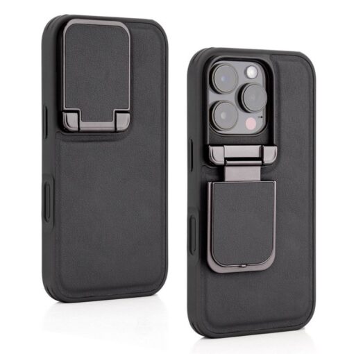 iPhone 16/15 Pro Max Series Genuine Leather Back Lens Protection Cover, Anti -Scratch and Protect Privacy Flip Aluminum Alloy Stand Slim Cover - Image 3