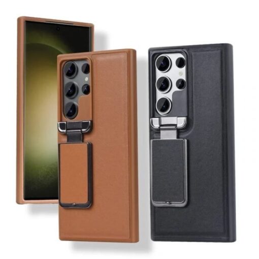 Samsung Galaxy S23/S24 Ultra, Genuine Leather Back Lens Protection Cover, Anti -Scratch and Protect Privacy Flip Aluminum Alloy Stand Slim Cover - Image 7