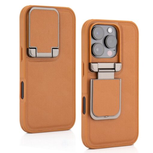 iPhone 16/15 Pro Max Series Genuine Leather Back Lens Protection Cover, Anti -Scratch and Protect Privacy Flip Aluminum Alloy Stand Slim Cover - Image 2