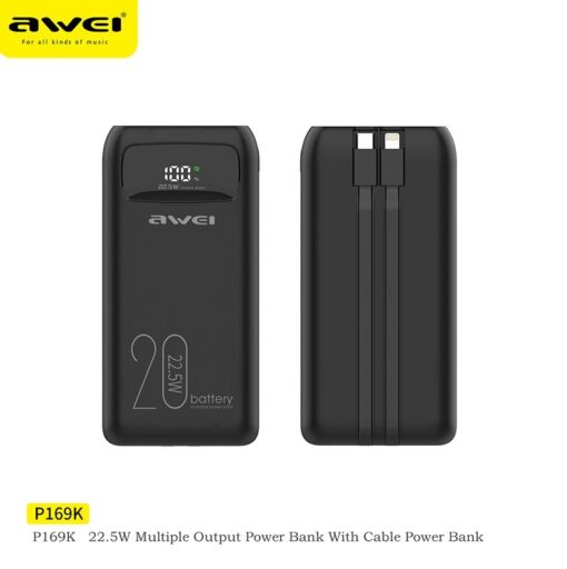 Awei P169K 20000mAh 22.5W Fast Charging Dual Input Dual Output with Built-in Cable LCD Display Power Bank - Image 6