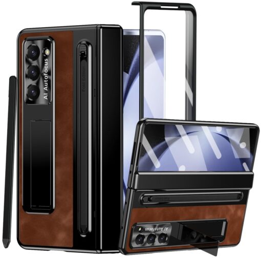 Samsung Galaxy Z Fold Series  Retro Leather Case with S Pen Holder, Slim Stylus, Hinge Protection Kickstand and Screen Protector - Image 2
