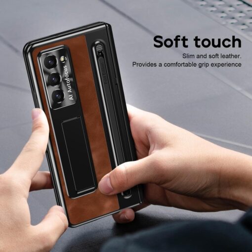Samsung Galaxy Z Fold Series  Retro Leather Case with S Pen Holder, Slim Stylus, Hinge Protection Kickstand and Screen Protector - Image 4