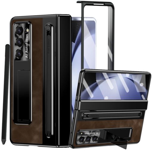 Samsung Galaxy Z Fold Series  Retro Leather Case with S Pen Holder, Slim Stylus, Hinge Protection Kickstand and Screen Protector - Image 10