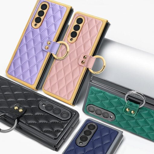 Samsung Galaxy Z Fold 3 4 5 6 Series, Luxury Plating Edge Case with Hanging Ring Anti-Scratch Screen Protection Leather Cover - Image 16