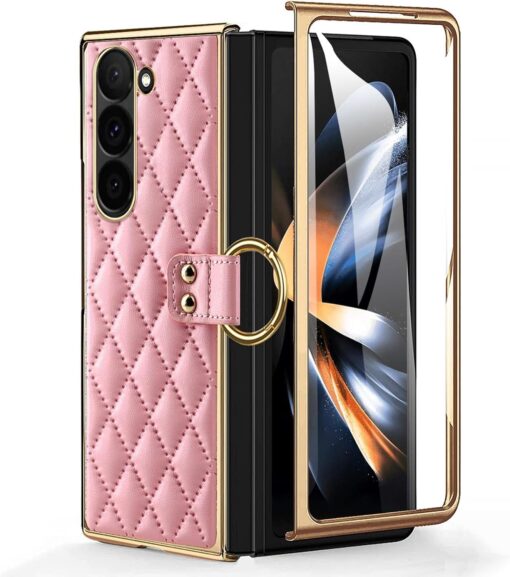 Samsung Galaxy Z Fold 3 4 5 6 Series, Luxury Plating Edge Case with Hanging Ring Anti-Scratch Screen Protection Leather Cover - Image 2