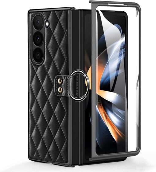 Samsung Galaxy Z Fold 3 4 5 6 Series, Luxury Plating Edge Case with Hanging Ring Anti-Scratch Screen Protection Leather Cover - Image 4