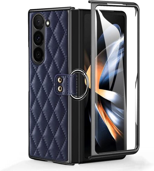 Samsung Galaxy Z Fold 3 4 5 6 Series, Luxury Plating Edge Case with Hanging Ring Anti-Scratch Screen Protection Leather Cover - Image 3