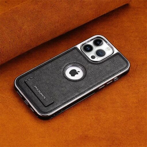 JDK Logo Cutout Luxury Plating Bumper Leather Folding Kickstand Phone Case For iPhone 16 15 14 Pro Max Series - Image 26
