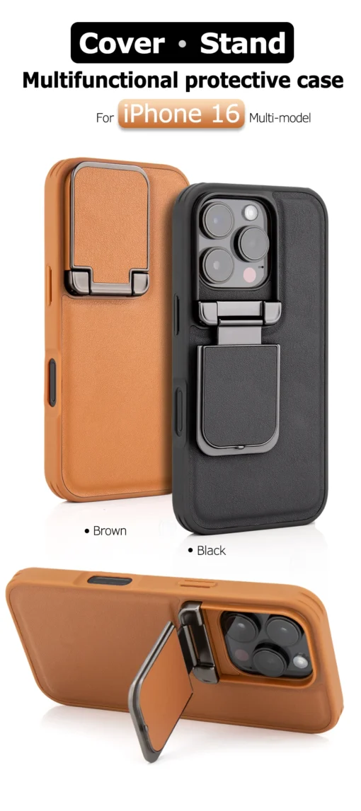 iPhone 16/15 Pro Max Series Genuine Leather Back Lens Protection Cover, Anti -Scratch and Protect Privacy Flip Aluminum Alloy Stand Slim Cover - Image 8