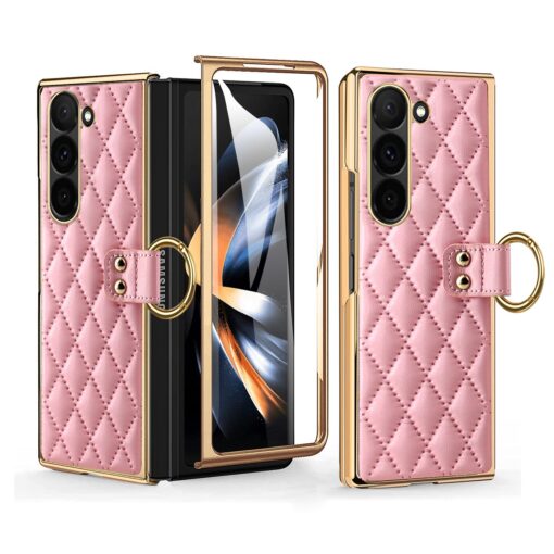 Samsung Galaxy Z Fold 3 4 5 6 Series, Luxury Plating Edge Case with Hanging Ring Anti-Scratch Screen Protection Leather Cover - Image 22