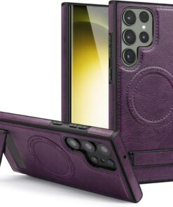 Magnetic Leather Back Cover with Kickstand for Samsung Galaxy S22 Ultra, S23 Ultra, S24 Ultra, S25 Ultra